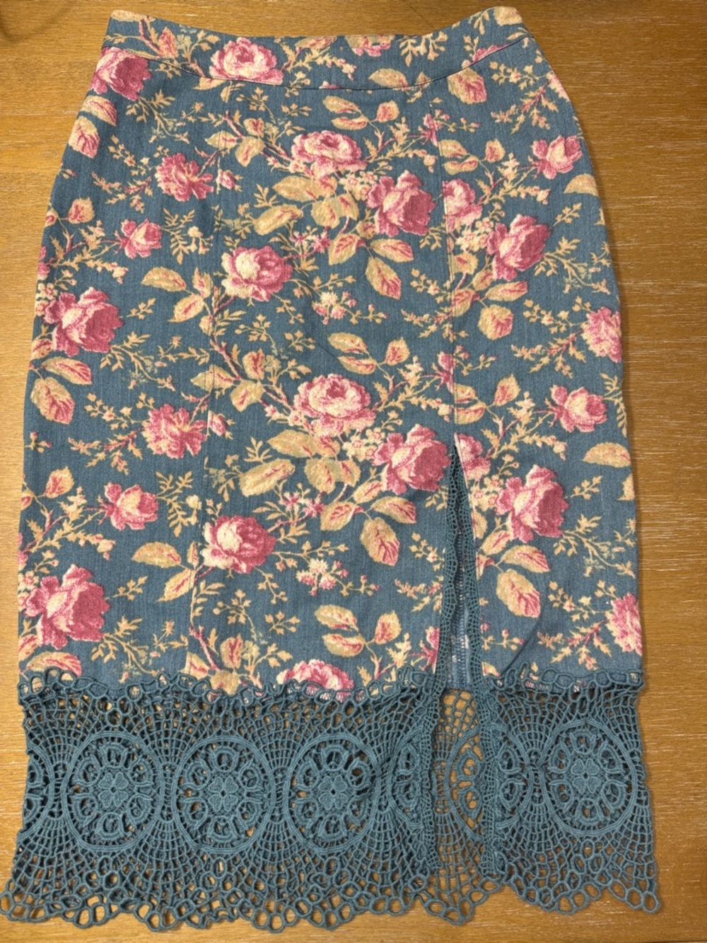 Free People Teal Floral Pencil Skirt with Crochet Hem